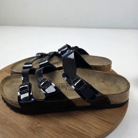 Birki's Sandals Womens Size 8 Black Patent Triple Strap Cork Footbed Shoes - Picture 3 of 13